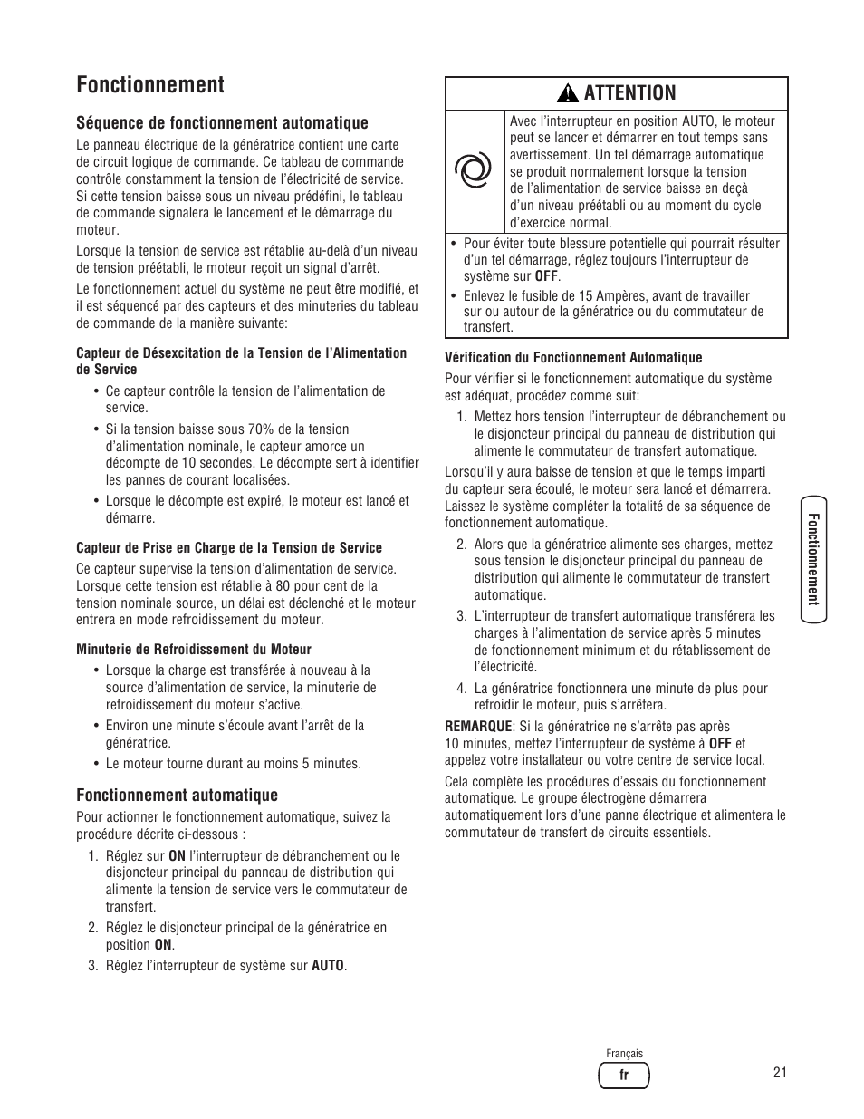 Fonctionnement, Attention | Briggs & Stratton 7000 WATT 206484GS User Manual | Page 83 / 92