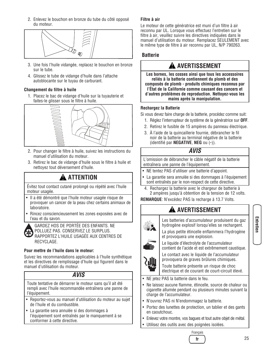 Attention, Avis, Avertissement | Briggs & Stratton 7000 WATT 206484GS User Manual | Page 87 / 92