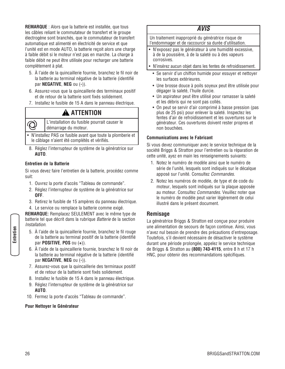 Attention, Avis | Briggs & Stratton 7000 WATT 206484GS User Manual | Page 88 / 92