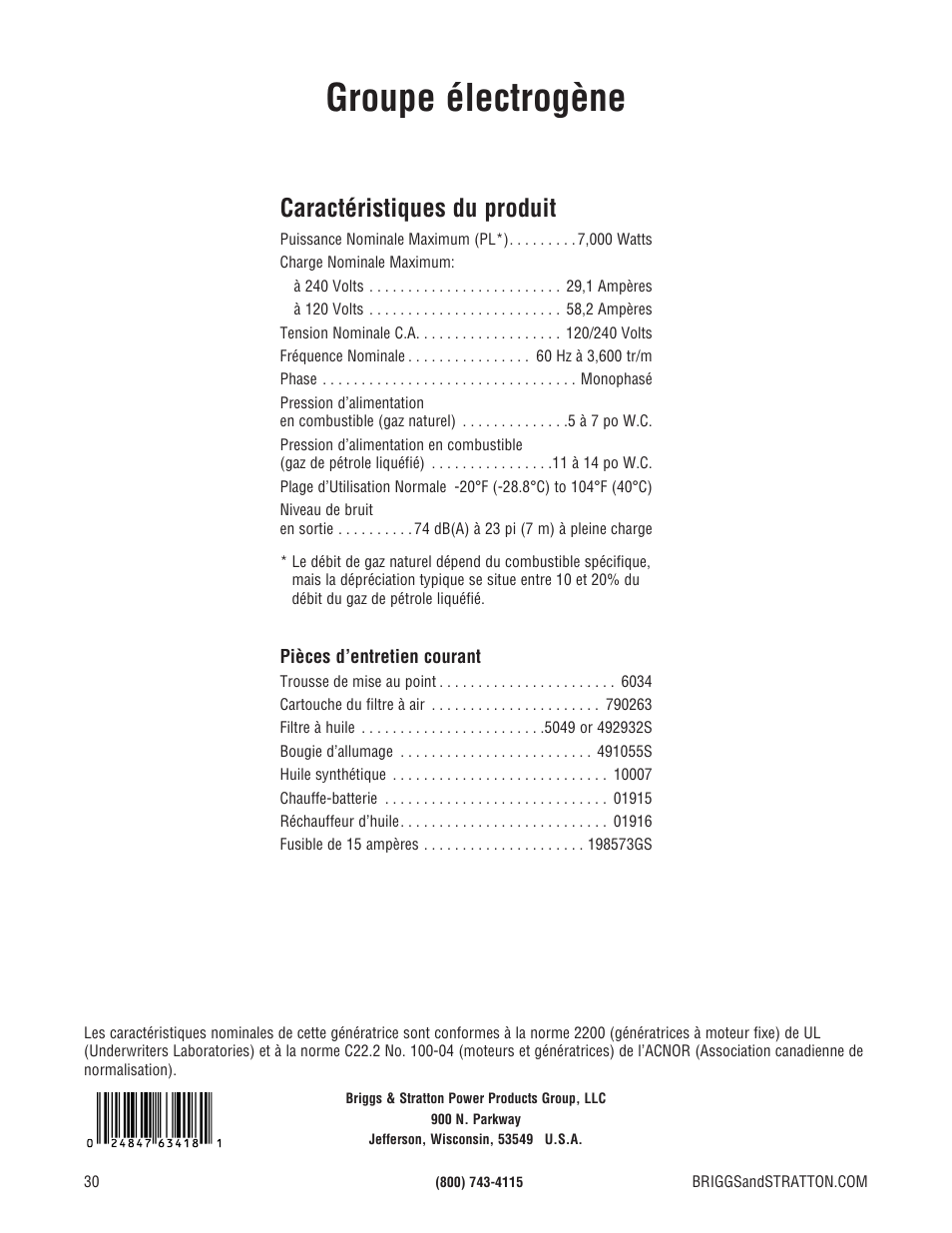 Groupe électrogène, Caractéristiques du produit | Briggs & Stratton 7000 WATT 206484GS User Manual | Page 92 / 92