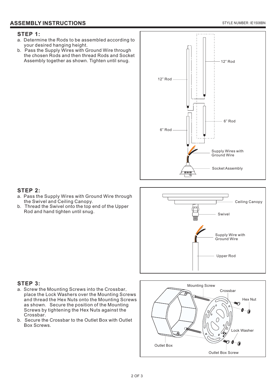 Assembly instructions, Step 3, Step 1 | Step 2 | Quoizel IE1508BN Ibsen User Manual | Page 2 / 3