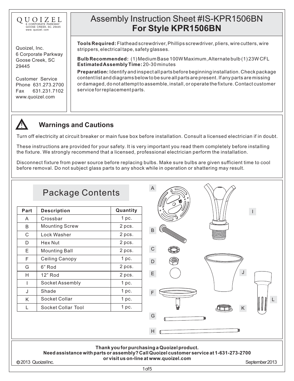 Quoizel KPR1506BN Kemper User Manual | 5 pages