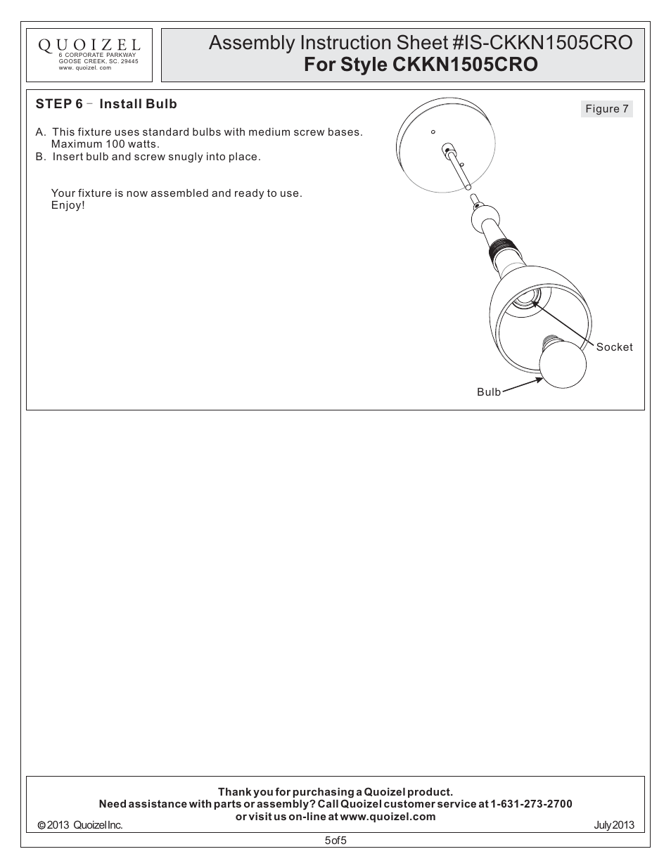 Quoizel CKKN1505CRO Kieran User Manual | Page 5 / 5