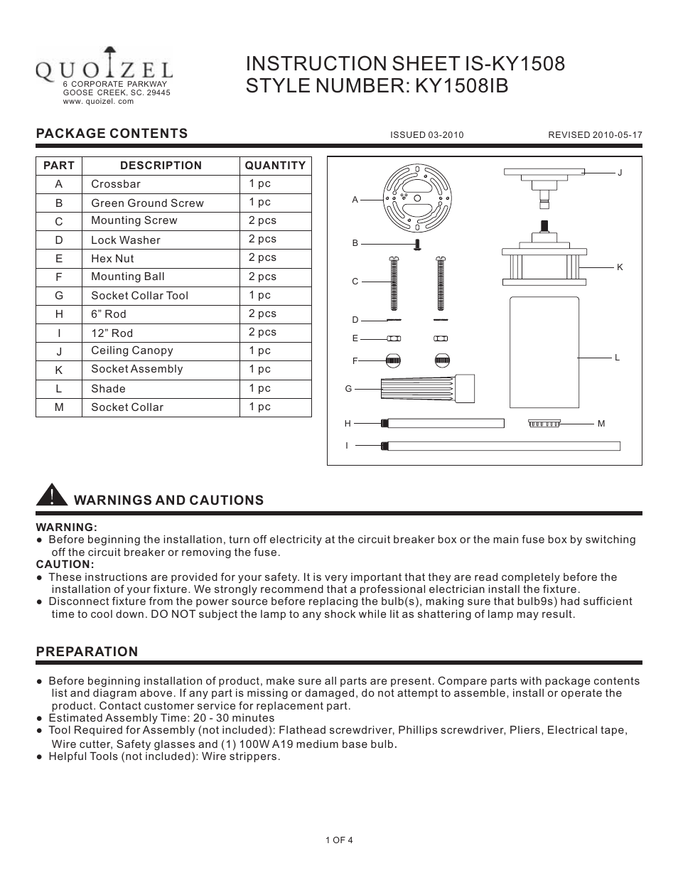 Quoizel KY1508IB Kyle User Manual | 4 pages