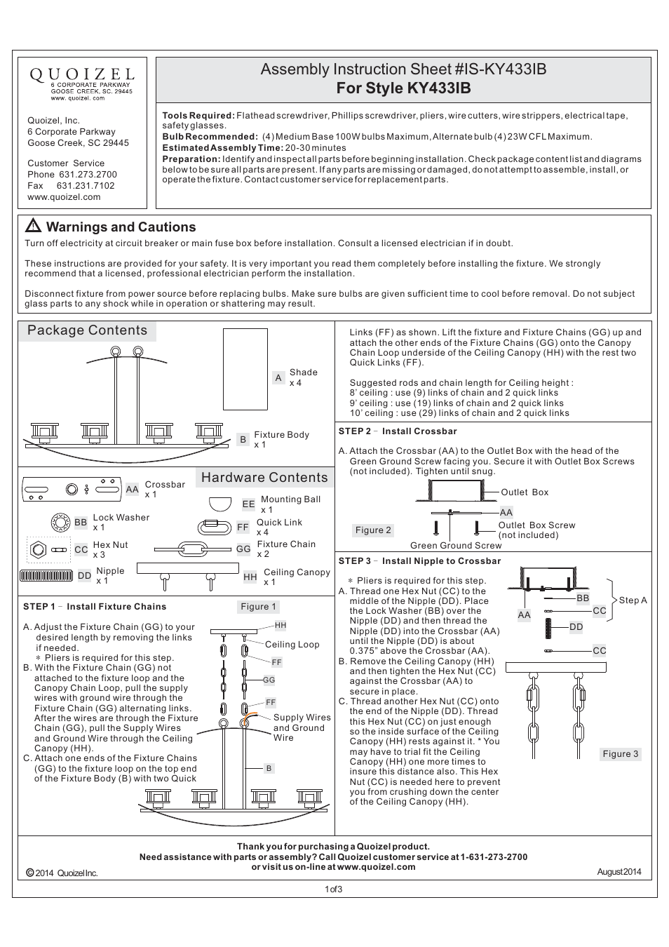 Quoizel KY433IB Kyle User Manual | 3 pages