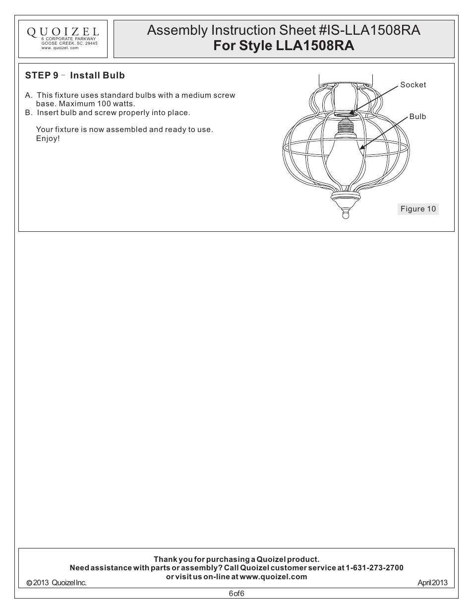 Quoizel LLA1508RA Laila User Manual | Page 6 / 6