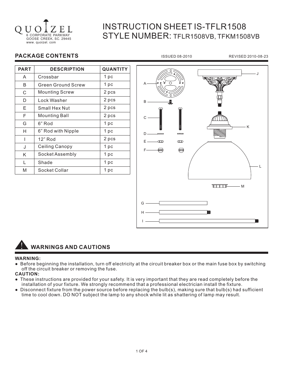 Quoizel TFLR1508VB Larissa User Manual | 4 pages