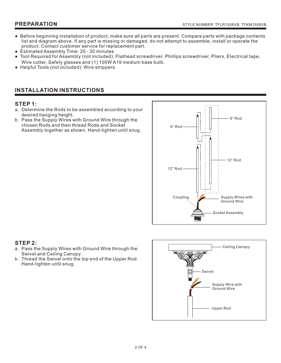 Preparation, Installation instructions, Step 1 | Step 2 | Quoizel TFLR1508VB Larissa User Manual | Page 2 / 4