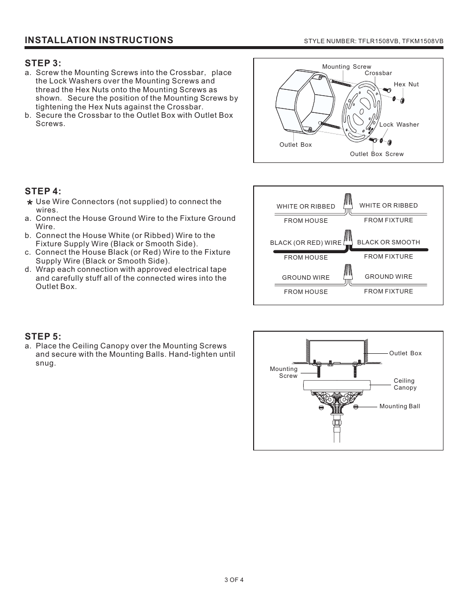 Installation instructions step 3, Step 4, Step 5 | Quoizel TFLR1508VB Larissa User Manual | Page 3 / 4