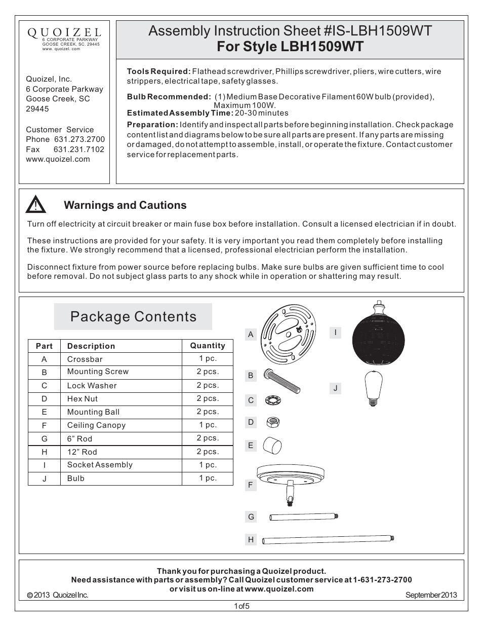 Quoizel LBH1509WT Long Beach User Manual | 5 pages