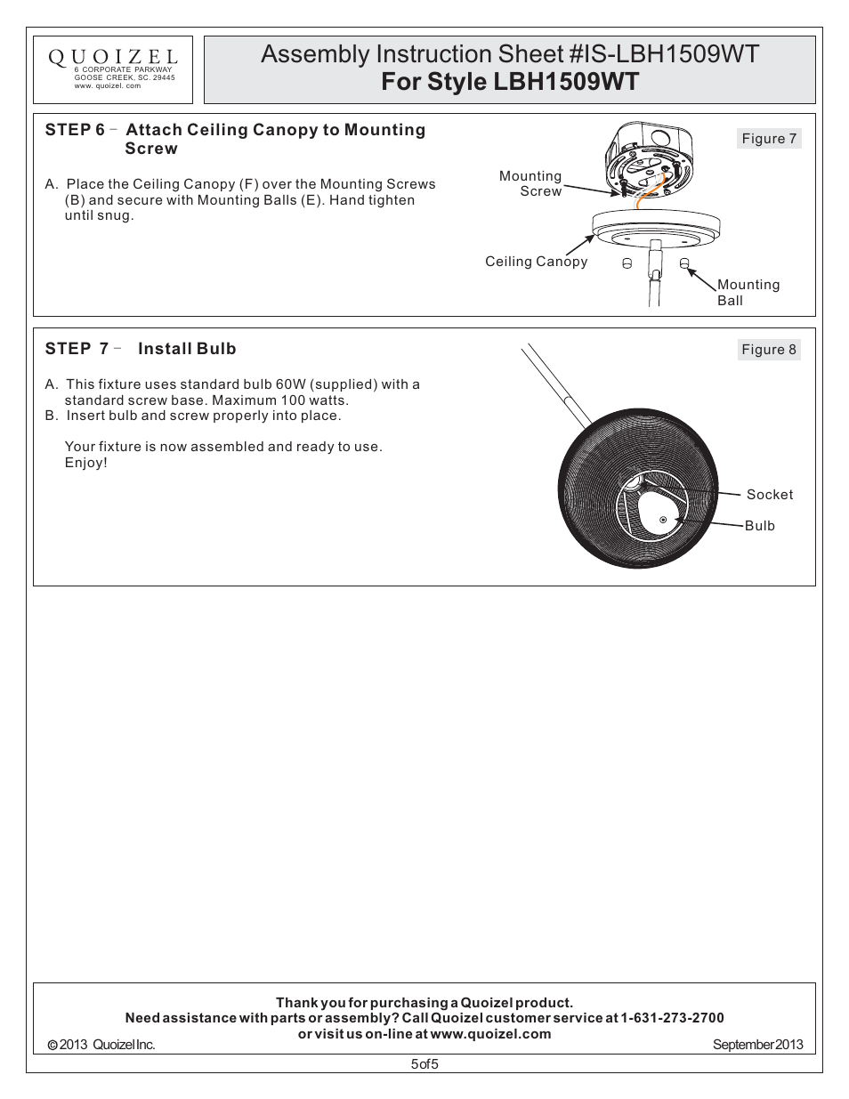 Quoizel LBH1509WT Long Beach User Manual | Page 5 / 5