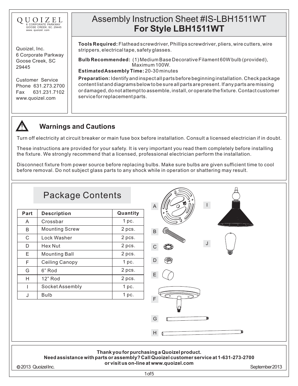 Quoizel LBH1511WT Long Beach User Manual | 5 pages