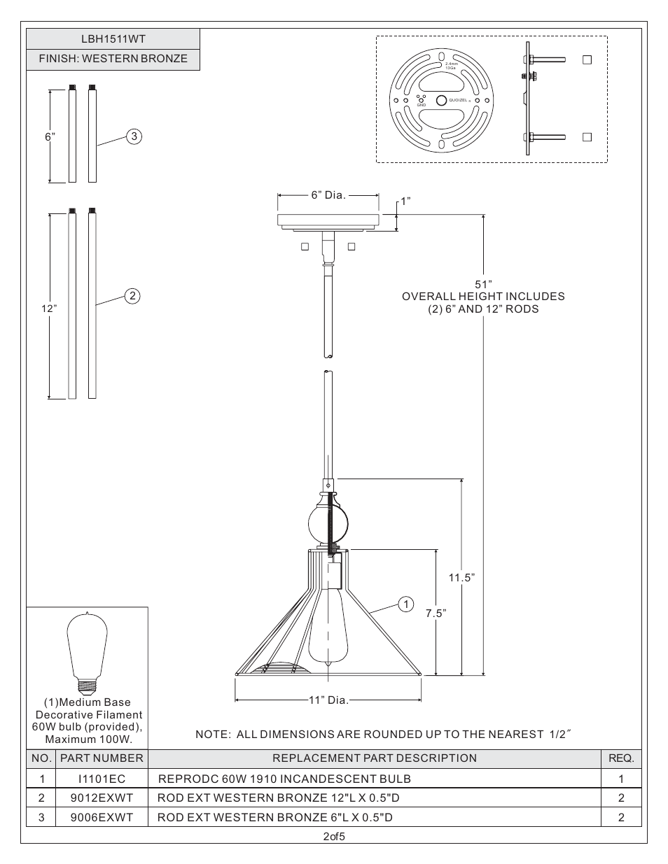 Quoizel LBH1511WT Long Beach User Manual | Page 2 / 5