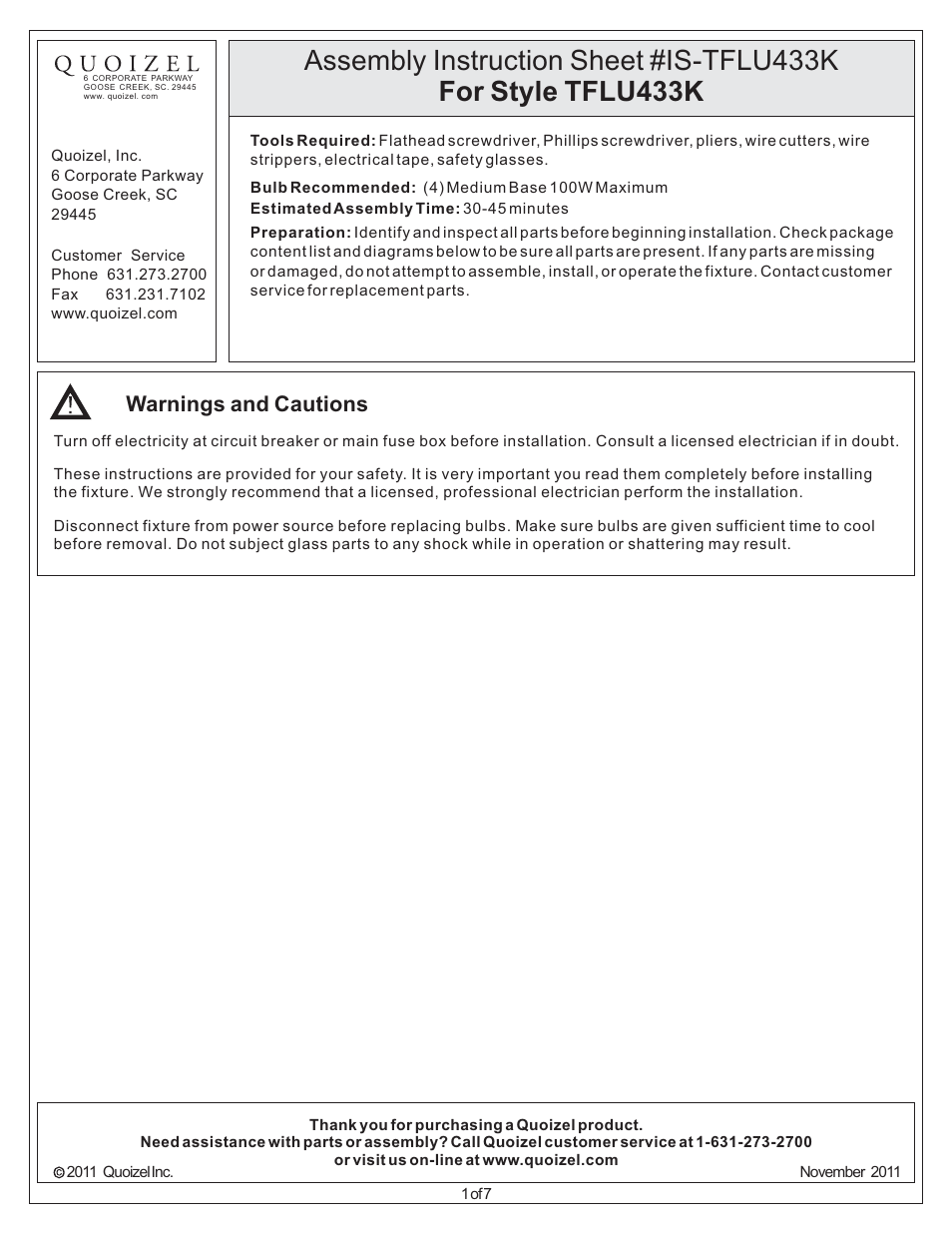 Quoizel TFLU433K Luxe User Manual | 7 pages