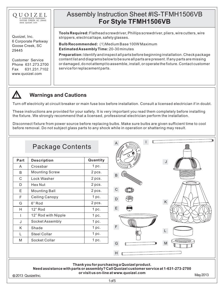 Quoizel TFMH1506VB Mariah User Manual | 5 pages