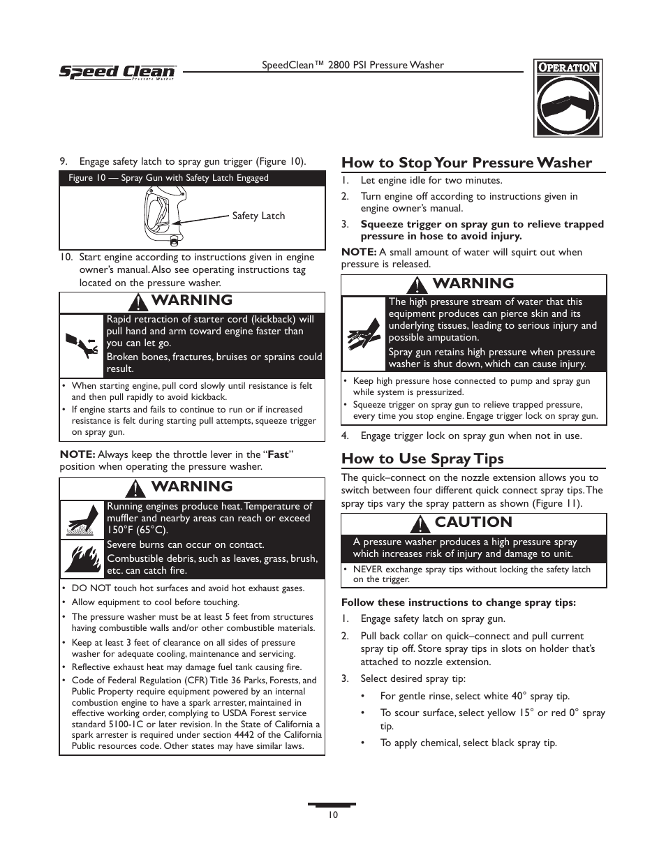 How to stop your pressure washer, How to use spray tips, Warning | Caution | Briggs & Stratton 020212-0 User Manual | Page 10 / 36