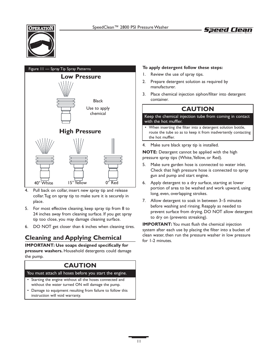 Cleaning and applying chemical, Caution, Low pressure high pressure | Briggs & Stratton 020212-0 User Manual | Page 11 / 36