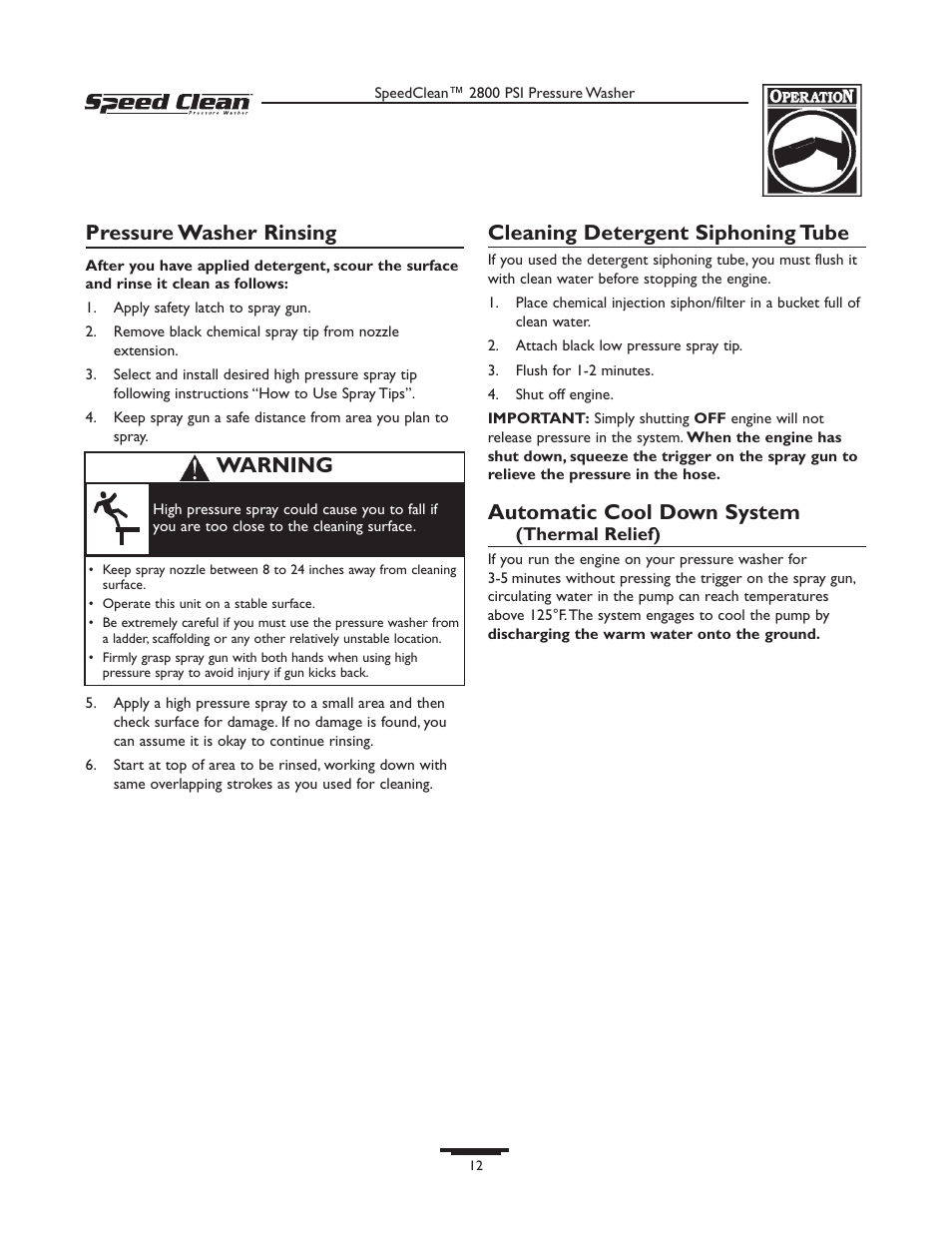Pressure washer rinsing, Cleaning detergent siphoning tube, Automatic cool down system | Warning | Briggs & Stratton 020212-0 User Manual | Page 12 / 36