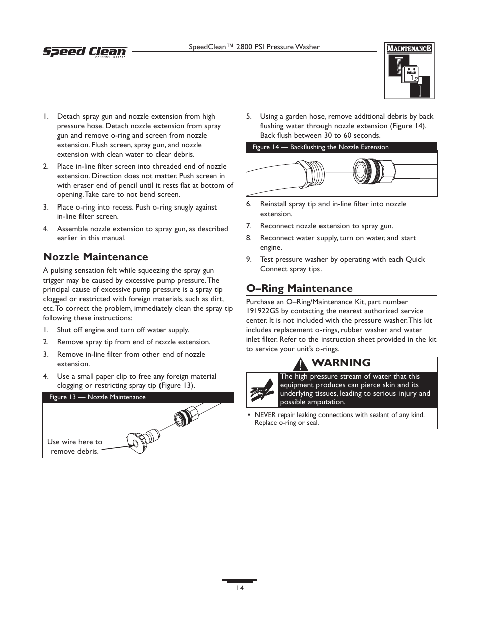 Nozzle maintenance, O–ring maintenance, Warning | Briggs & Stratton 020212-0 User Manual | Page 14 / 36