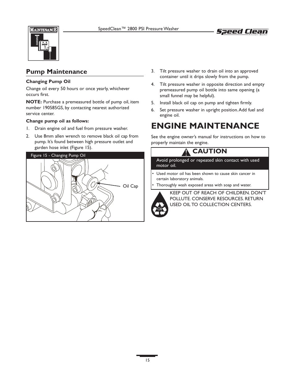 Engine maintenance, Pump maintenance, Caution | Briggs & Stratton 020212-0 User Manual | Page 15 / 36