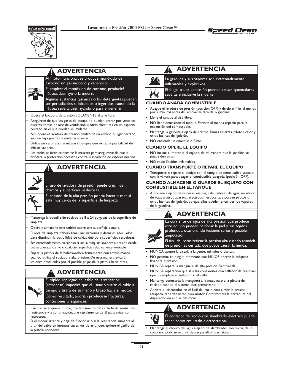 Advertencia | Briggs & Stratton 020212-0 User Manual | Page 21 / 36