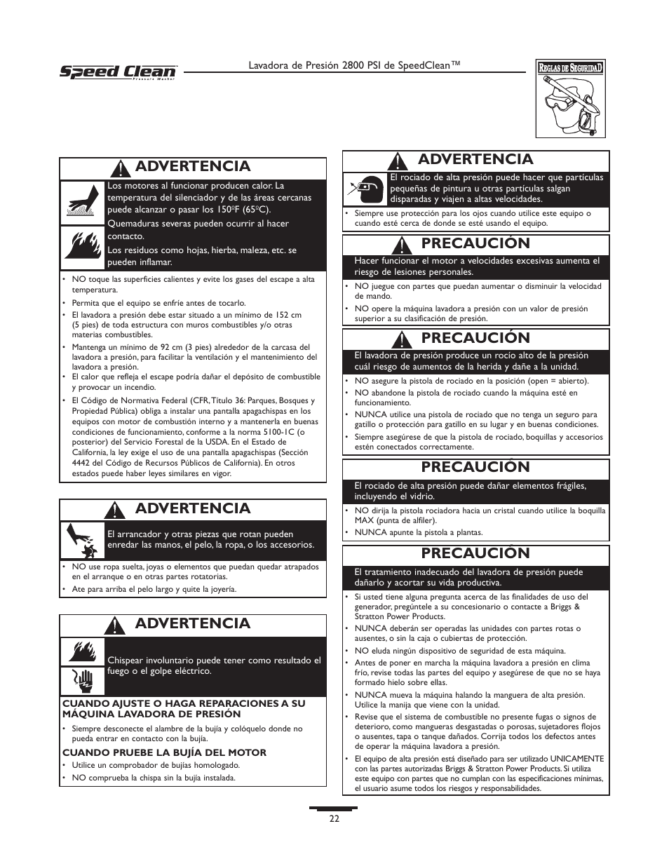 Precaución, Advertencia | Briggs & Stratton 020212-0 User Manual | Page 22 / 36