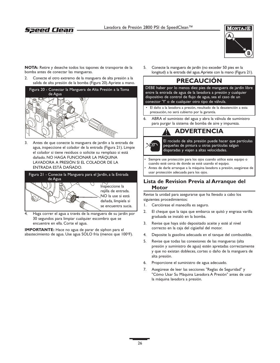 Precaución, Advertencia, Lista de revision previa al arranque del motor | Briggs & Stratton 020212-0 User Manual | Page 26 / 36
