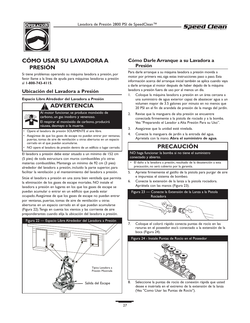 Cómo usar su lavadora a presión, Advertencia, Precaución | Briggs & Stratton 020212-0 User Manual | Page 27 / 36