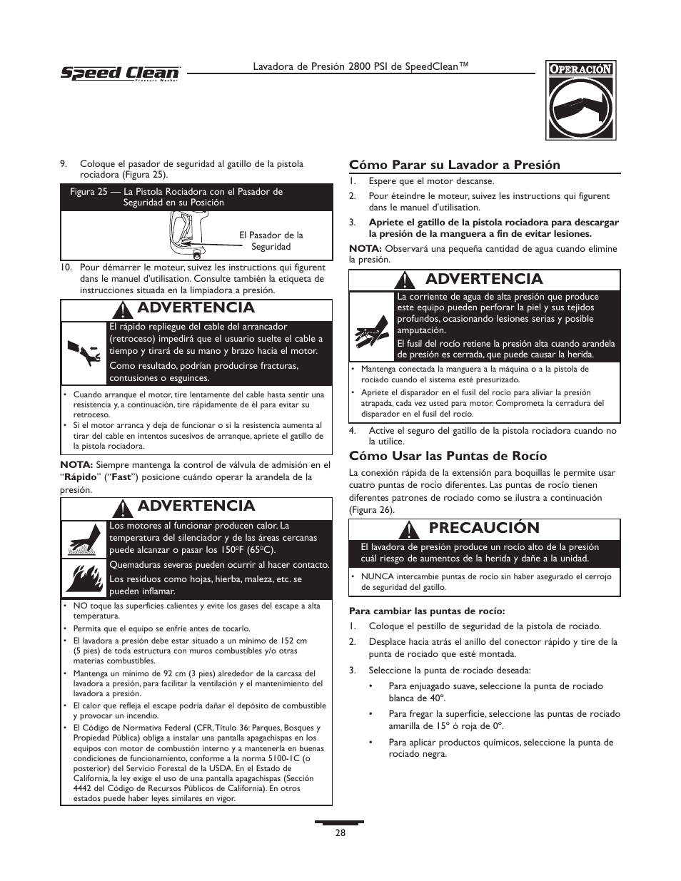 Advertencia, Precaución, Cómo parar su lavador a presión | Cómo usar las puntas de rocío | Briggs & Stratton 020212-0 User Manual | Page 28 / 36