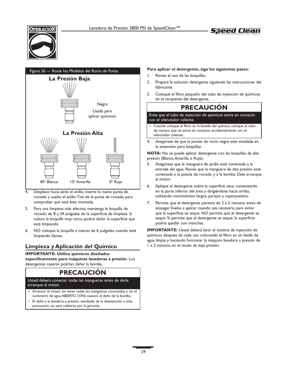 Precaución, Limpieza y aplicación del químico, La presión baja la presión alta | Briggs & Stratton 020212-0 User Manual | Page 29 / 36
