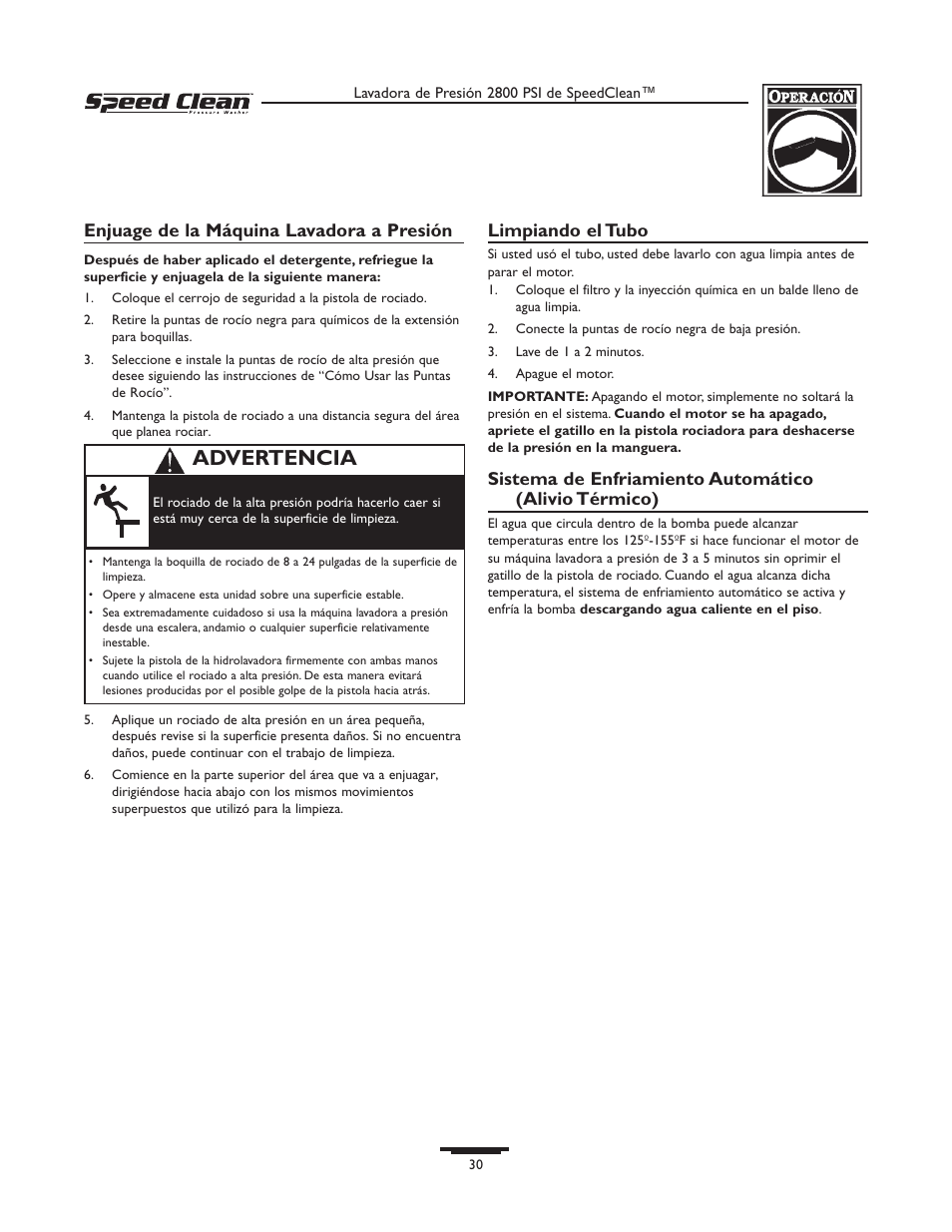 Advertencia, Enjuage de la máquina lavadora a presión, Limpiando el tubo | Briggs & Stratton 020212-0 User Manual | Page 30 / 36