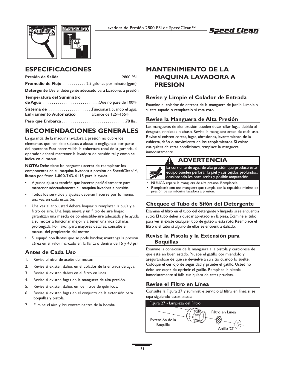 Especificaciones, Recomendaciones generales, Mantenimiento de la maquina lavadora a presion | Advertencia | Briggs & Stratton 020212-0 User Manual | Page 31 / 36