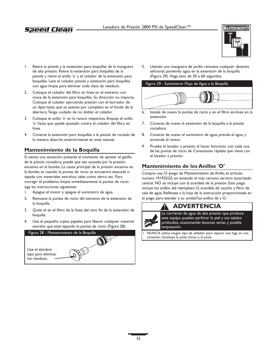 Advertencia, Mantenimiento de la boquilla, Mantenimiento de los anillos 'o | Briggs & Stratton 020212-0 User Manual | Page 32 / 36