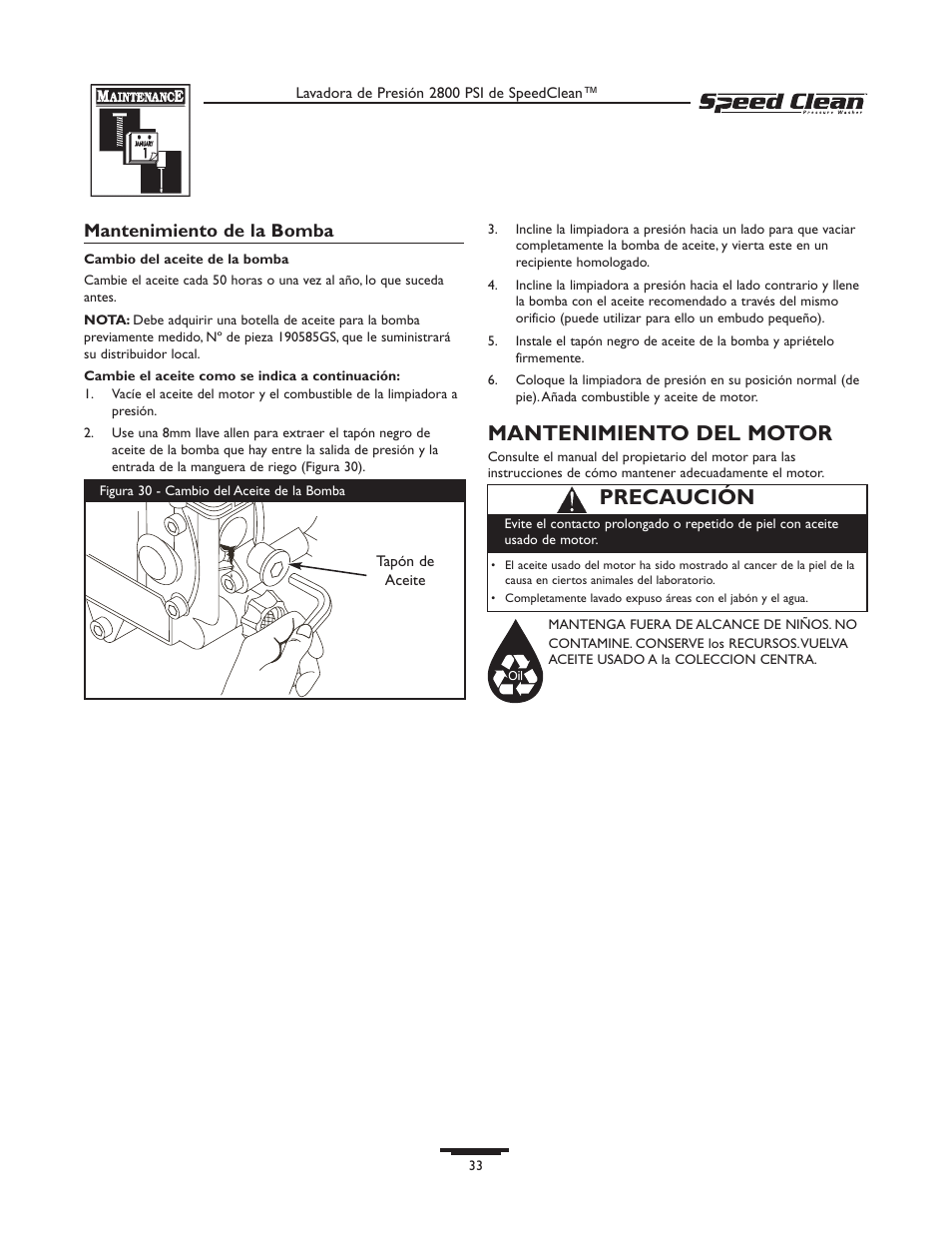 Mantenimiento del motor, Precaución, Mantenimiento de la bomba | Briggs & Stratton 020212-0 User Manual | Page 33 / 36