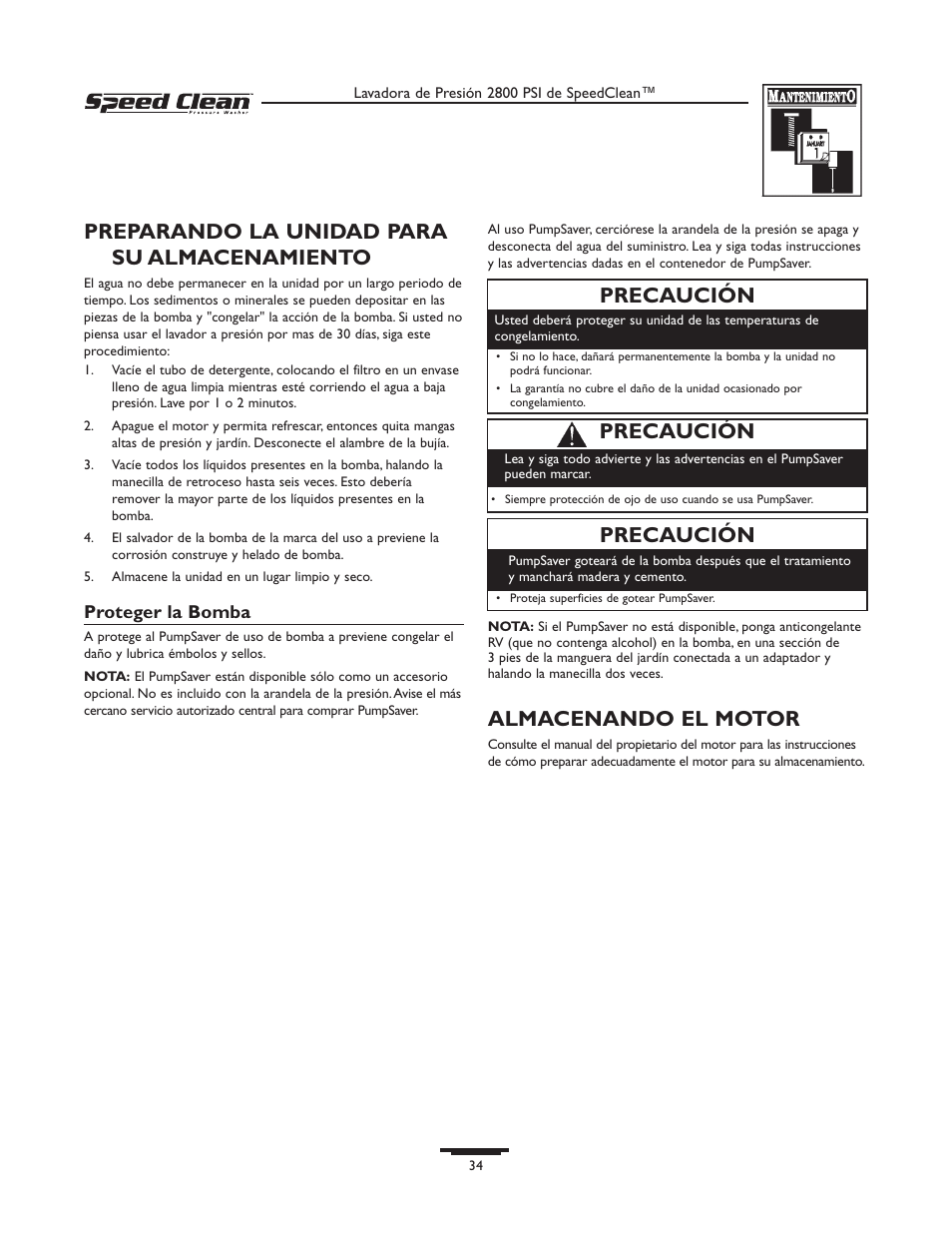 Preparando la unidad para su almacenamiento, Almacenando el motor, Precaución | Briggs & Stratton 020212-0 User Manual | Page 34 / 36