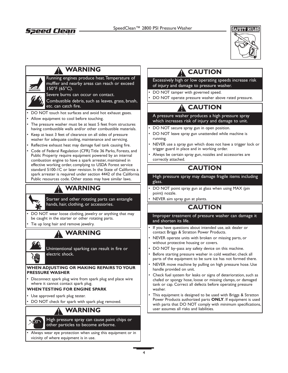 Caution, Warning | Briggs & Stratton 020212-0 User Manual | Page 4 / 36