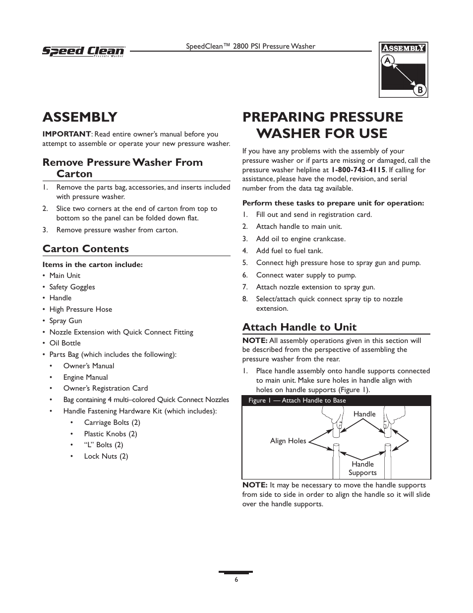 Assembly, Preparing pressure washer for use, Remove pressure washer from carton | Carton contents, Attach handle to unit | Briggs & Stratton 020212-0 User Manual | Page 6 / 36