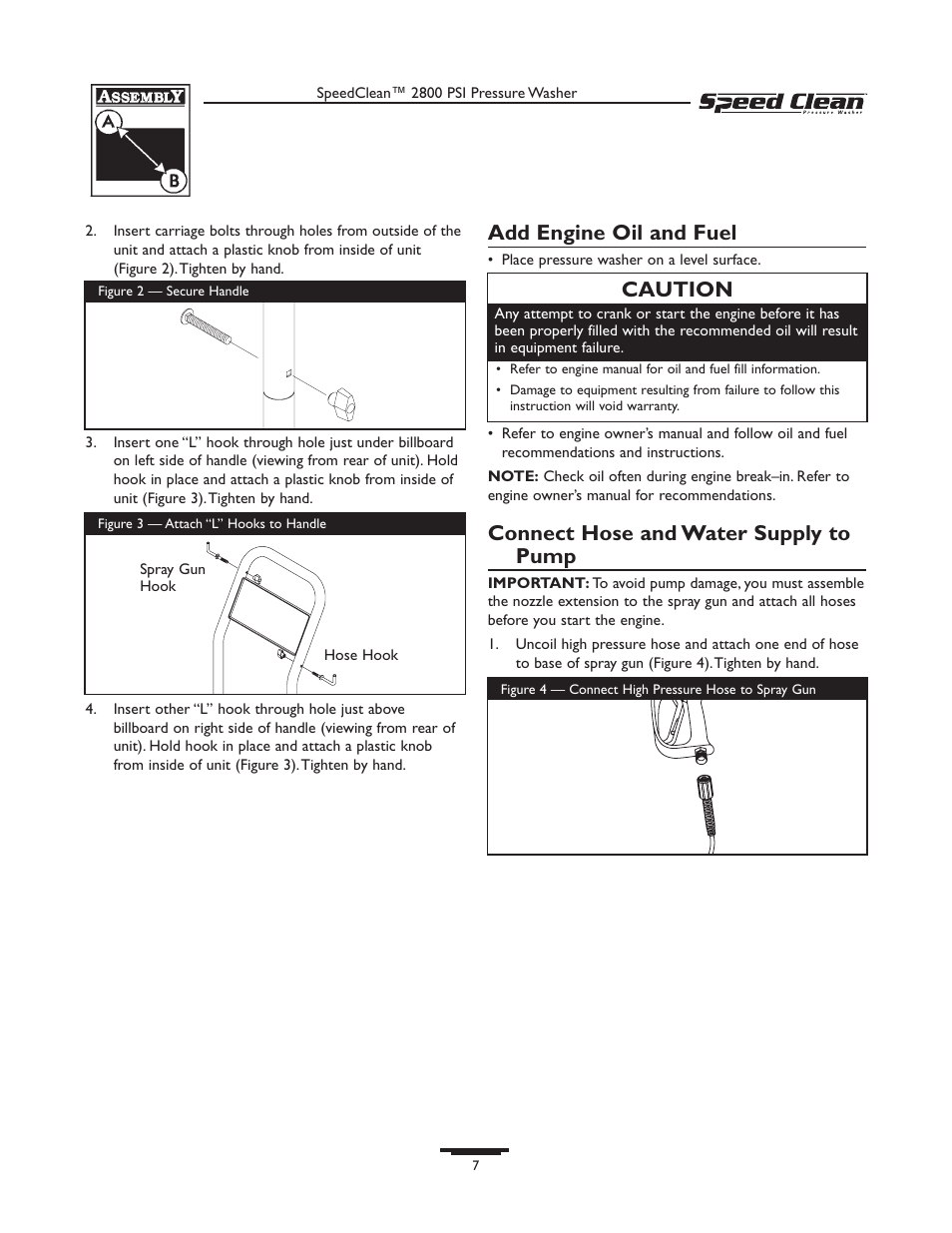 Add engine oil and fuel, Connect hose and water supply to pump, Caution | Briggs & Stratton 020212-0 User Manual | Page 7 / 36