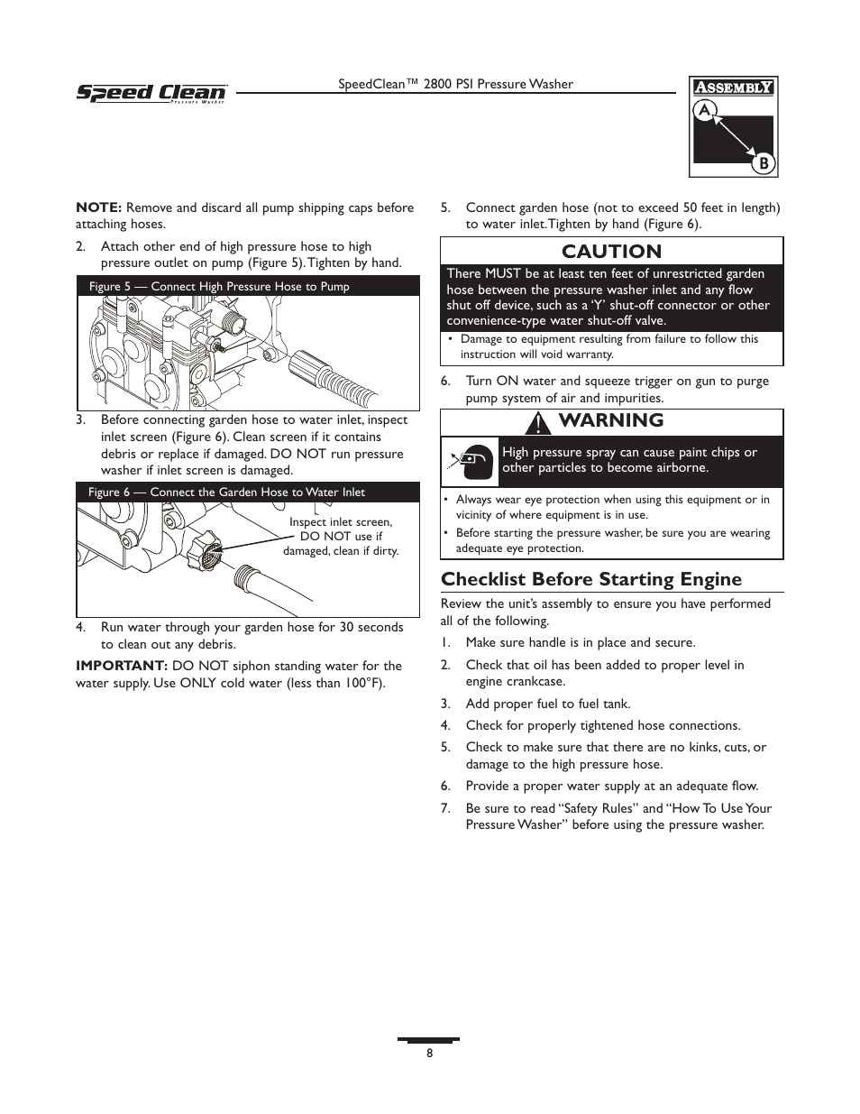 Checklist before starting engine, Caution, Warning | Briggs & Stratton 020212-0 User Manual | Page 8 / 36