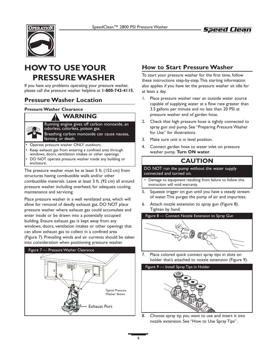 How to use your pressure washer, Pressure washer location, How to start pressure washer | Warning, Caution | Briggs & Stratton 020212-0 User Manual | Page 9 / 36