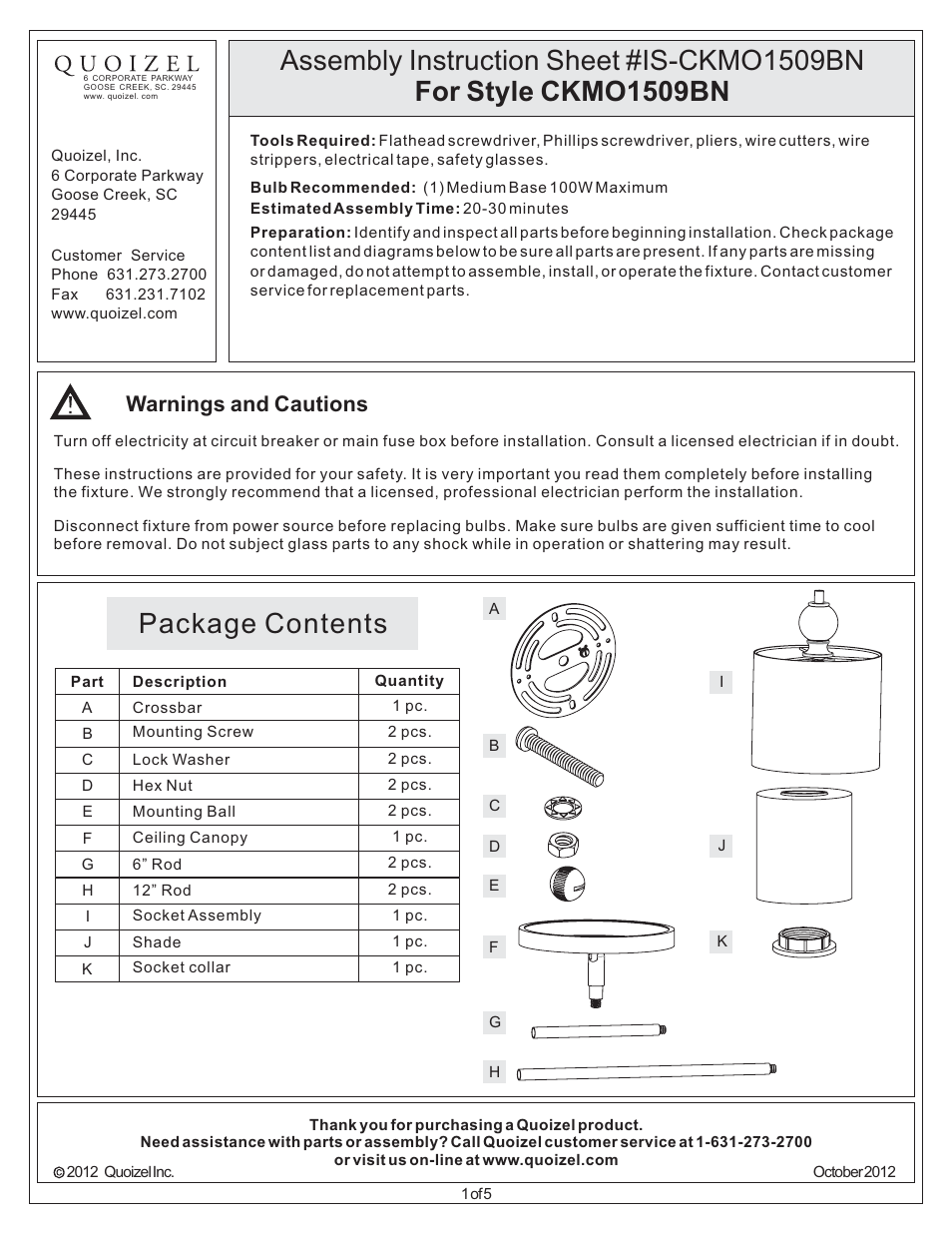 Quoizel CKMO1509BN Metro User Manual | 5 pages