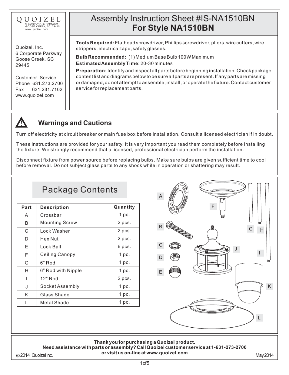 Quoizel NA1510BN New England User Manual | 5 pages