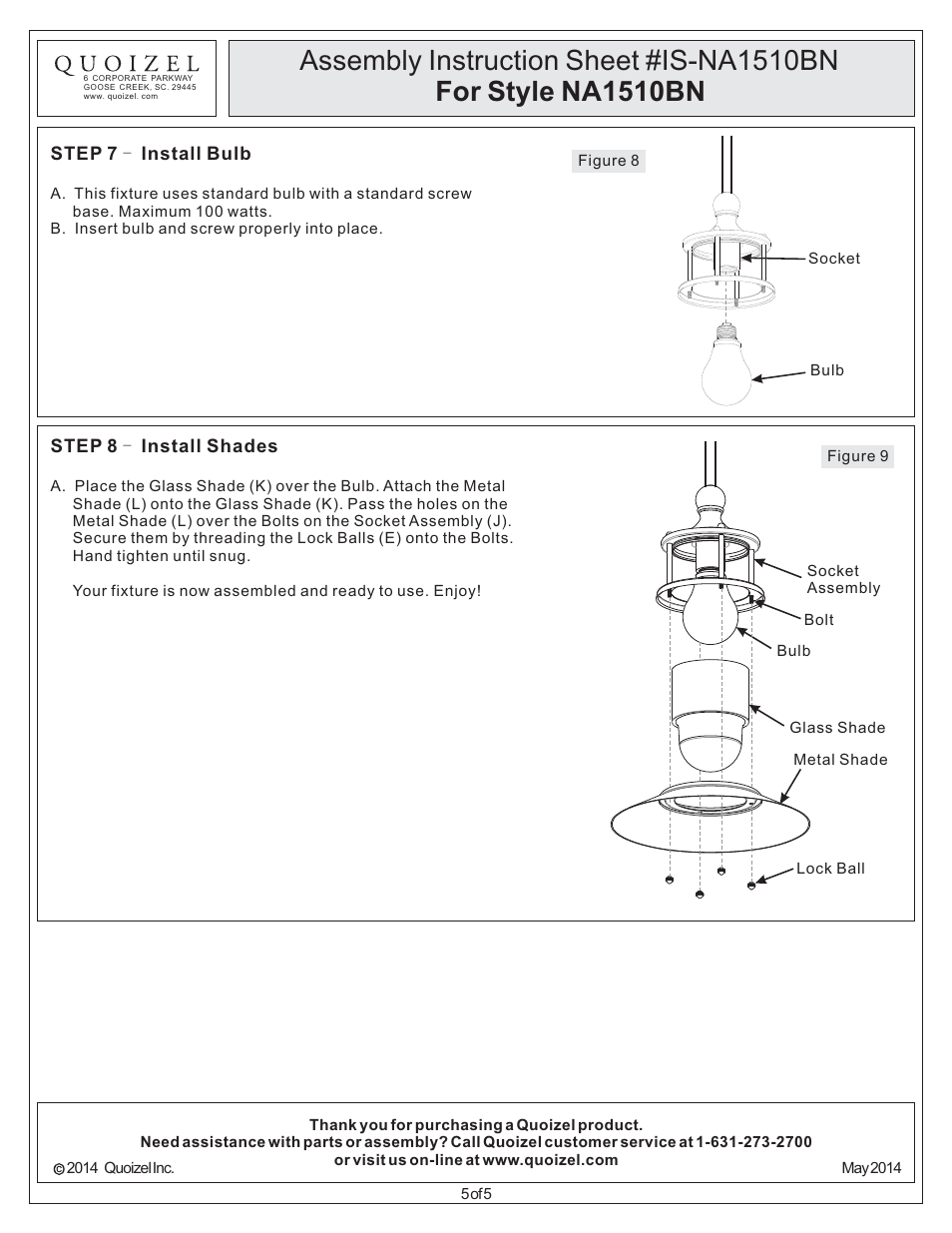 Quoizel NA1510BN New England User Manual | Page 5 / 5