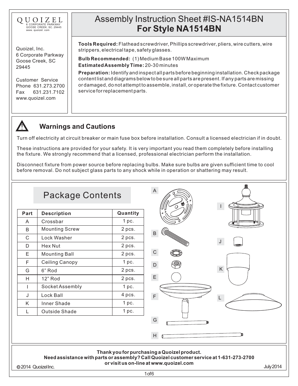 Quoizel NA1514BN New England User Manual | 6 pages
