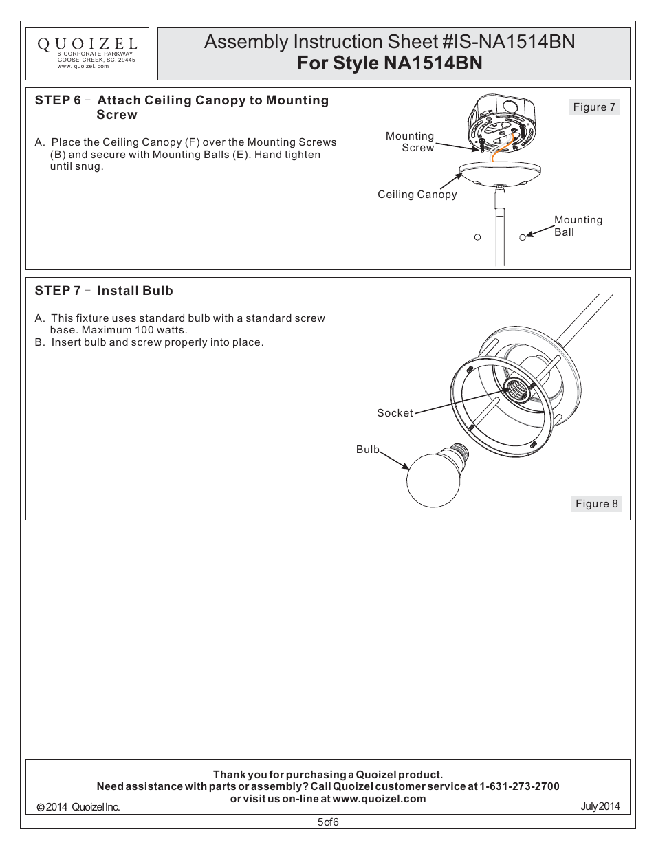 Quoizel NA1514BN New England User Manual | Page 5 / 6