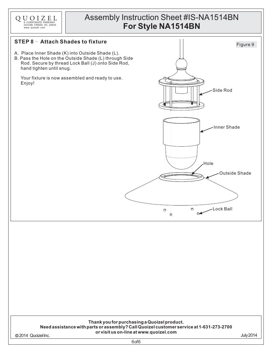 Quoizel NA1514BN New England User Manual | Page 6 / 6