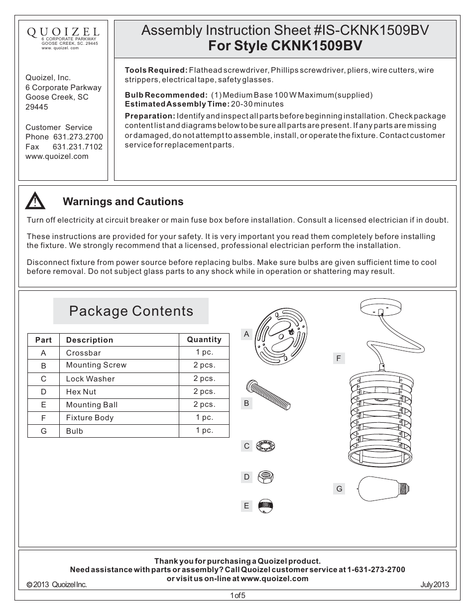 Quoizel CKNK1509BV Nikos User Manual | 5 pages