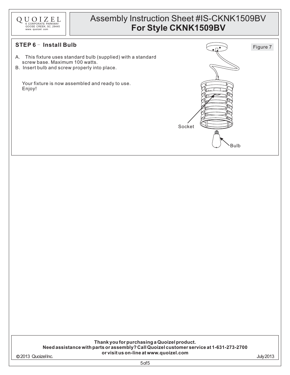 Quoizel CKNK1509BV Nikos User Manual | Page 5 / 5