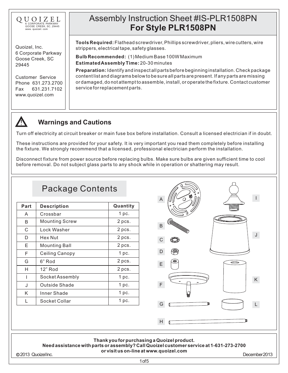 Quoizel PLR1508PN Palmer User Manual | 5 pages