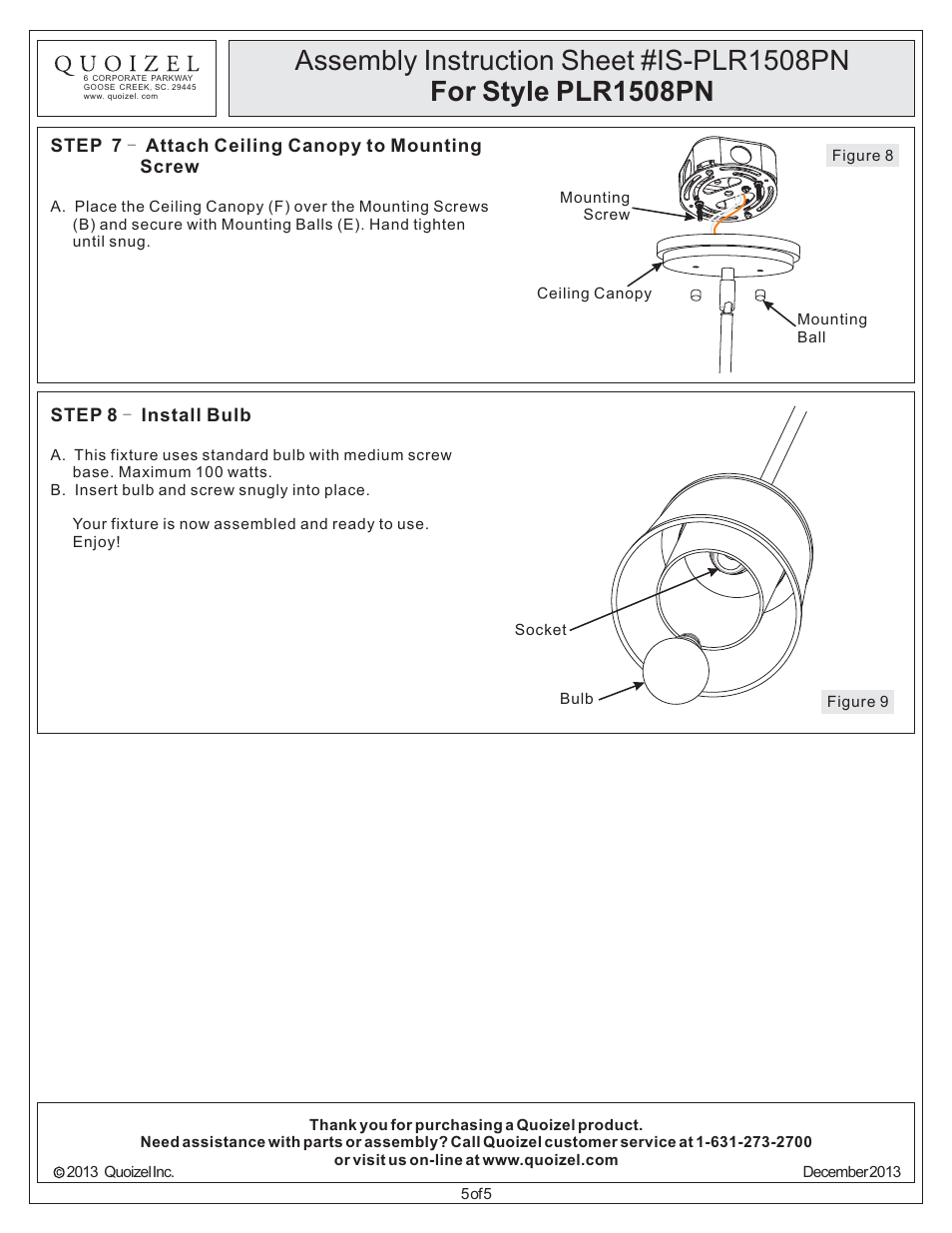 Quoizel PLR1508PN Palmer User Manual | Page 5 / 5